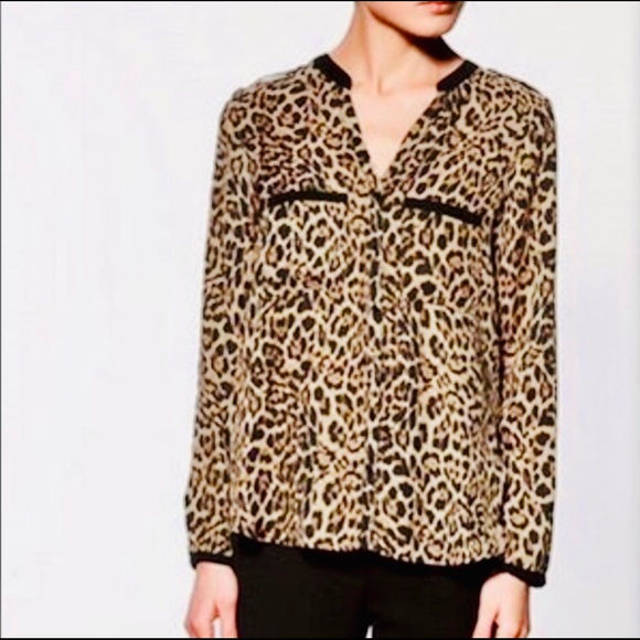 Zara Basic Leopard Print Button Blouse Small - Picture 2 of 11
